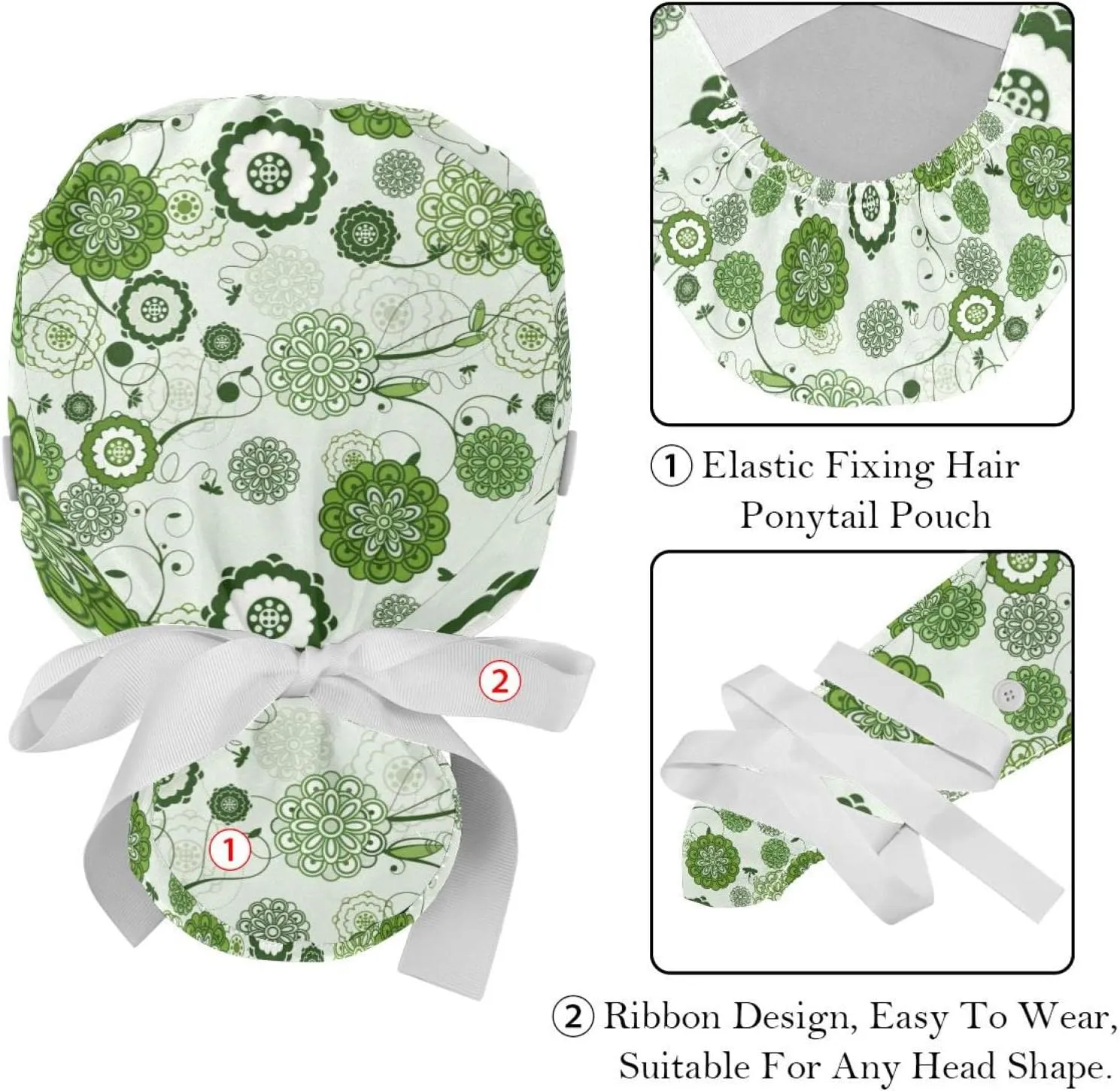 Working Hat with Buttons & Ribbon Ties for Women 2 Packs, White Lily Floral Adjustable Unisex Surgical Scrub Caps