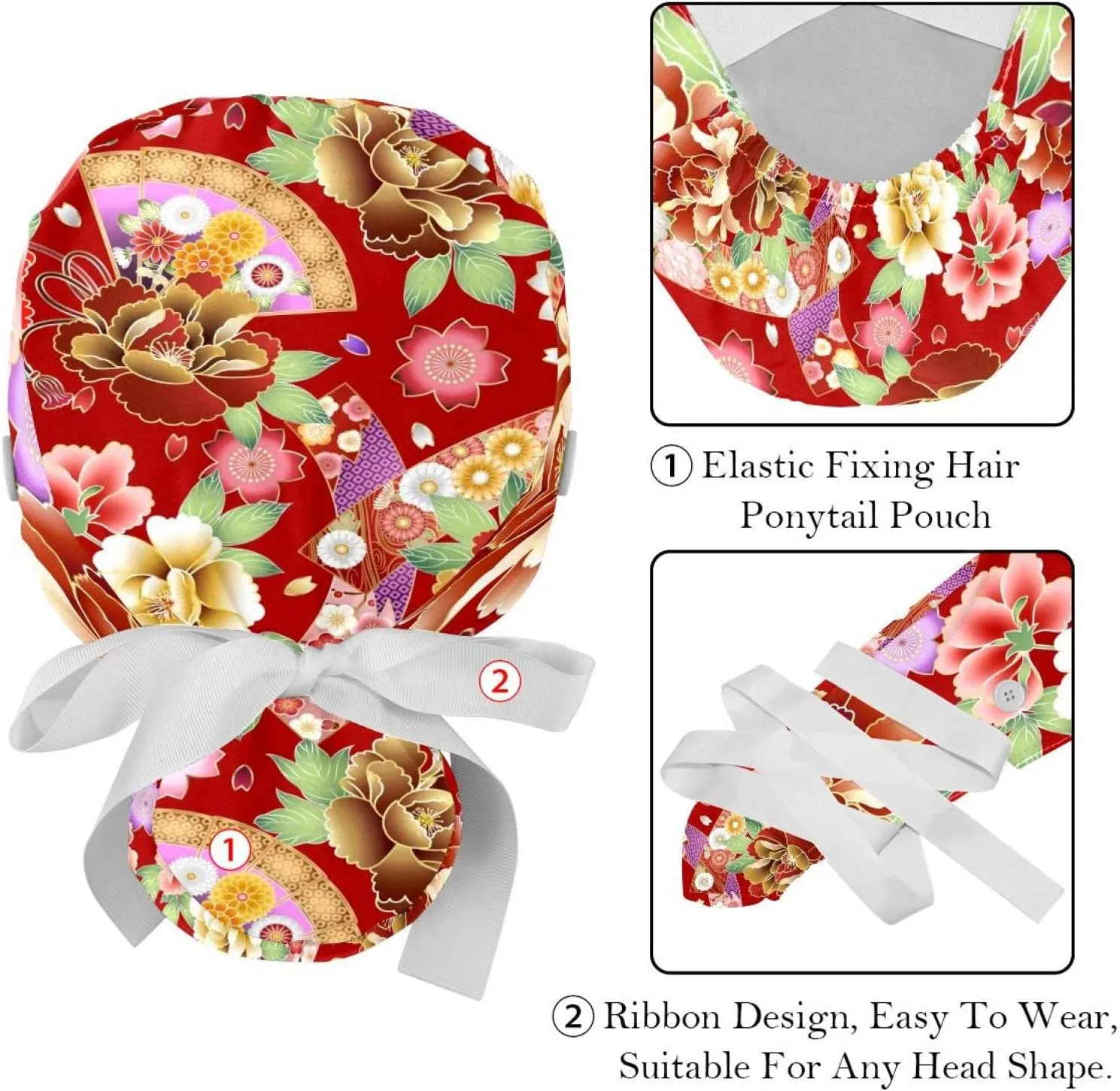 Working Hat with Buttons & Ribbon Ties for Women 2 Packs, White Lily Floral Adjustable Unisex Surgical Scrub Caps
