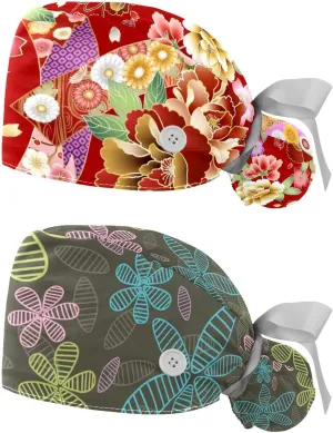Working Hat with Buttons & Ribbon Ties for Women 2 Packs, White Lily Floral Adjustable Unisex Surgical Scrub Caps