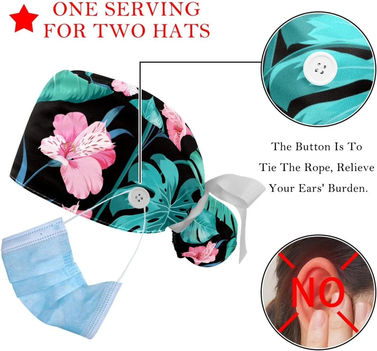 Working Hat with Buttons & Ribbon Ties for Women 2 Packs, White Lily Floral Adjustable Unisex Surgical Scrub Caps