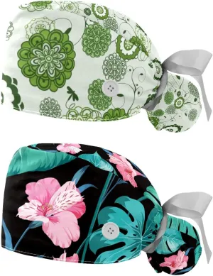 Working Hat with Buttons & Ribbon Ties for Women 2 Packs, White Lily Floral Adjustable Unisex Surgical Scrub Caps