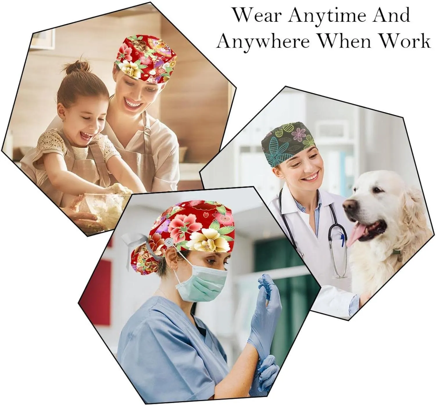 Working Hat with Buttons & Ribbon Ties for Women 2 Packs, White Lily Floral Adjustable Unisex Surgical Scrub Caps