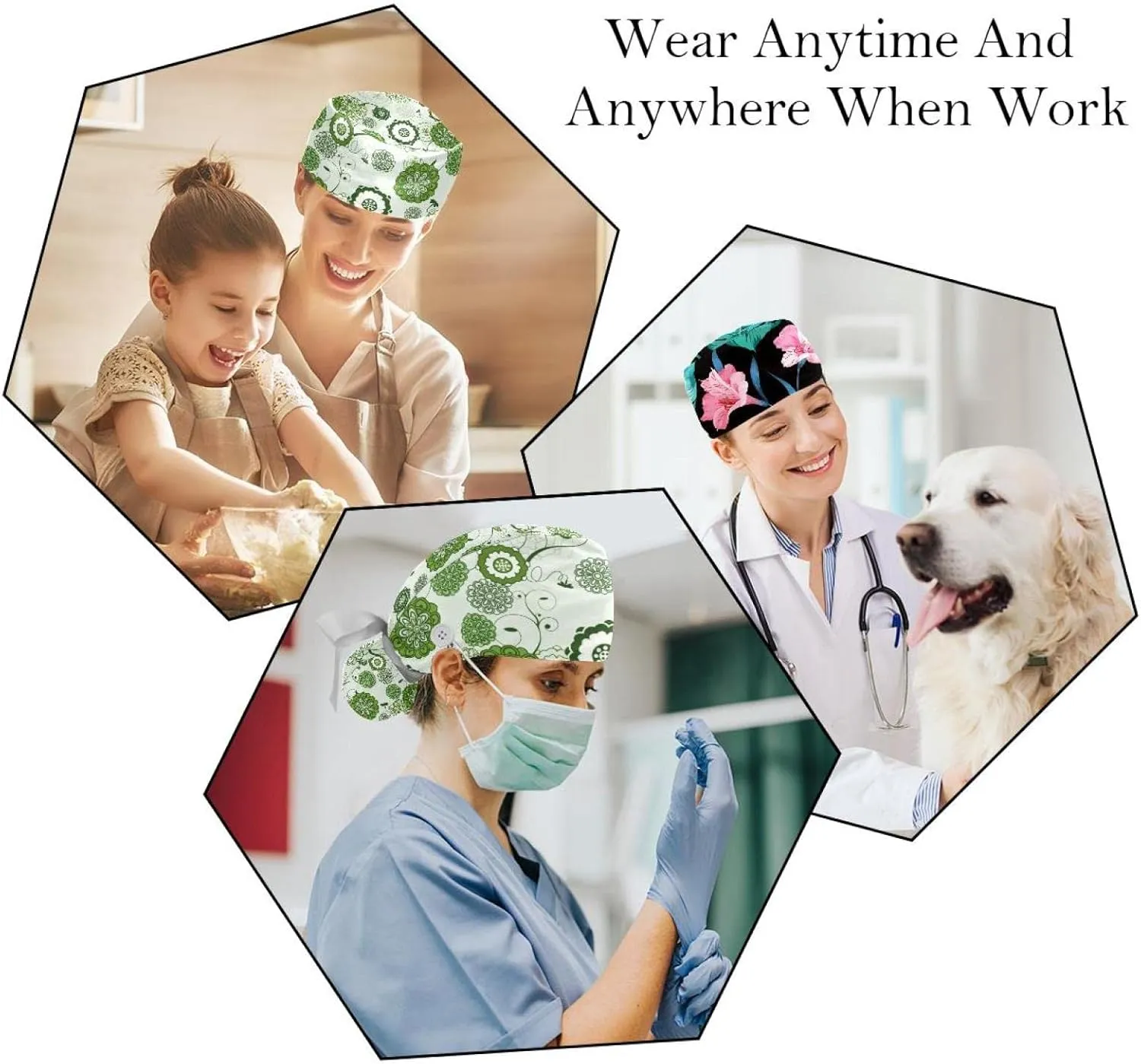 Working Hat with Buttons & Ribbon Ties for Women 2 Packs, White Lily Floral Adjustable Unisex Surgical Scrub Caps