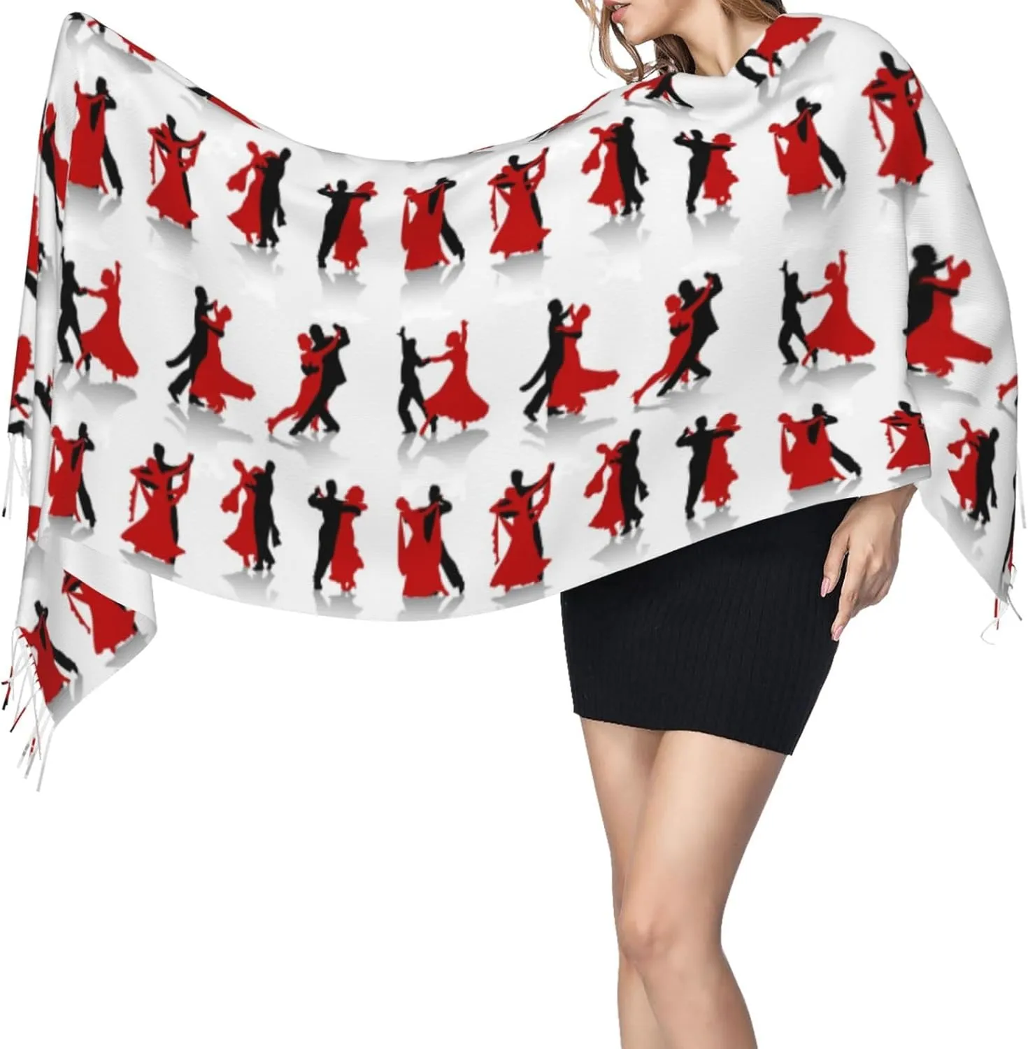 WURTON Black Floral Skull Print Cozy Soft Tassel Scarf Women'S Stylish Shawl Scarf Stay Chic Warm In Fall Winter