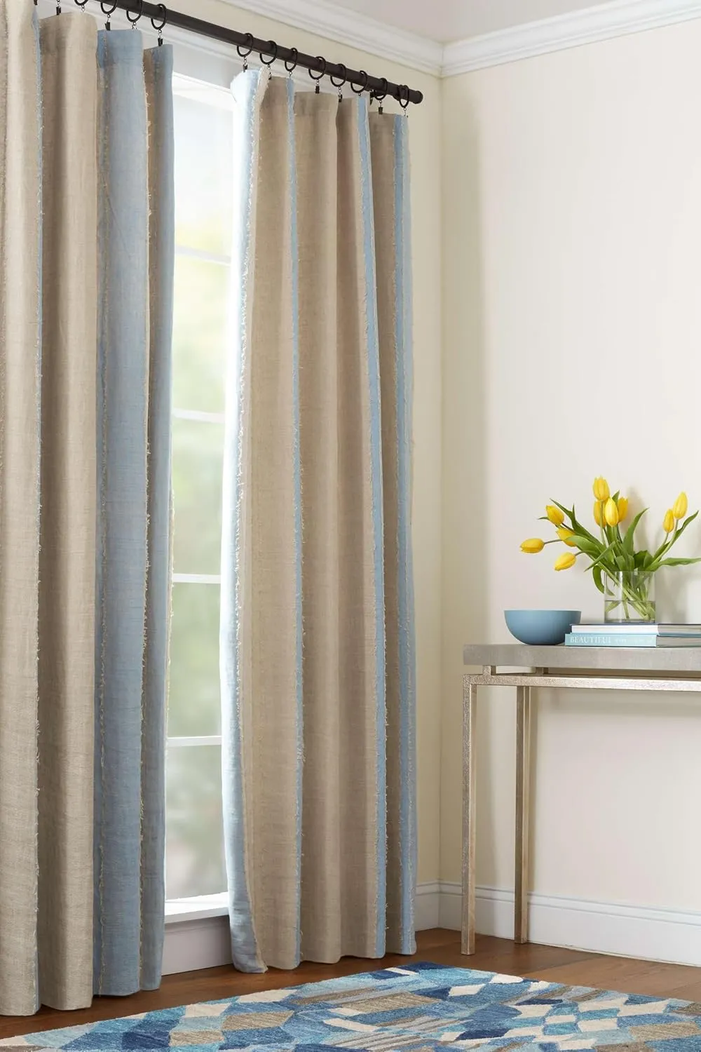 x Kit Kemp Moon Hills Linen Lapis Curtain Panel, 84" Size, Blue Stripe Pattern