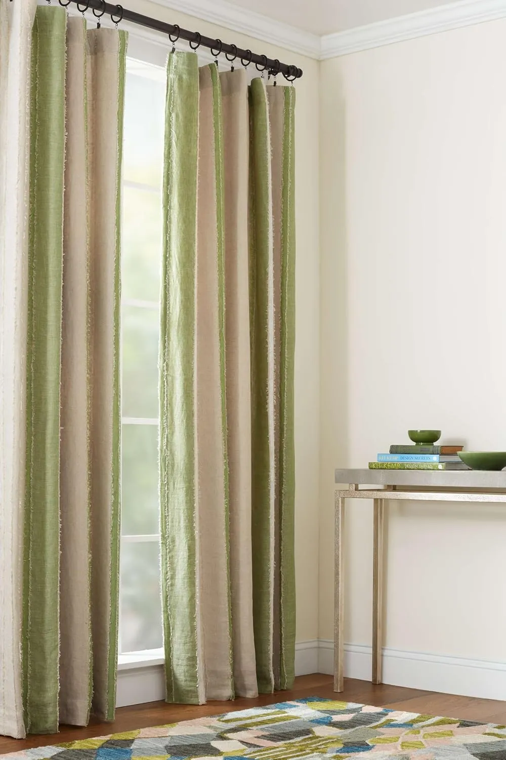 x Kit Kemp Moon Hills Linen Olive Curtain Panel, 84" Size, Green Stripe Pattern
