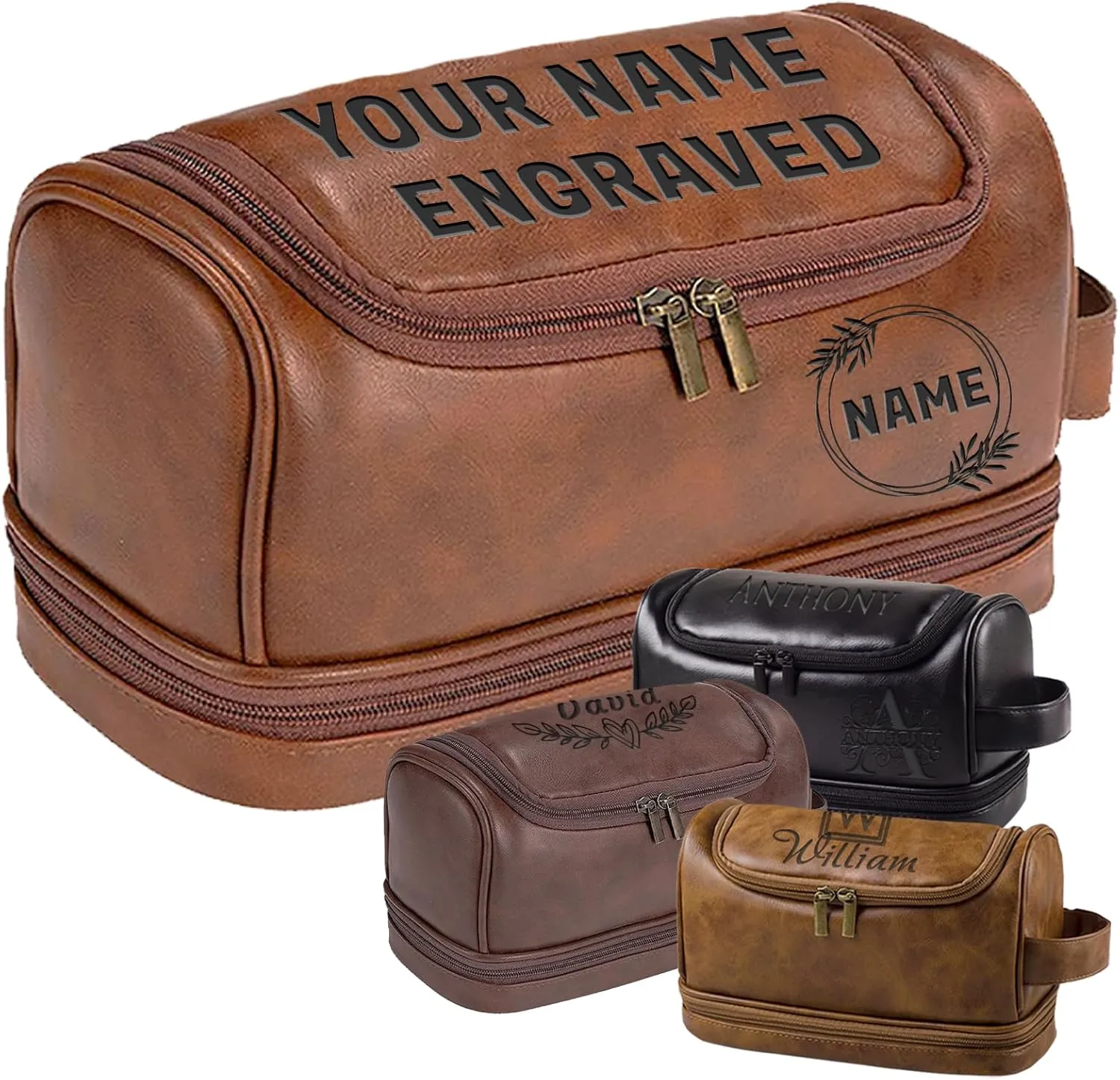 xrlsg Personalized Toiletry Bag for Men, Custom Engraved PU Leather Travel Organizer Kit with Hanging Hook, Gift for Husband Boyfriend Dad