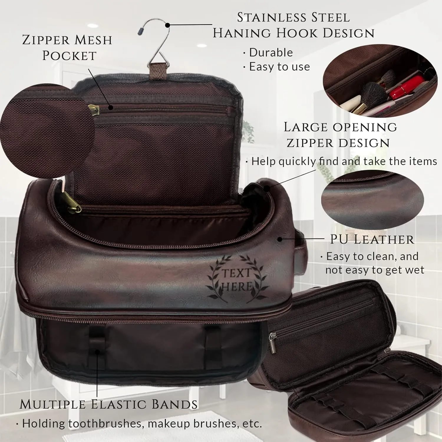 xrlsg Personalized Toiletry Bag for Men, Custom Engraved PU Leather Travel Organizer Kit with Hanging Hook, Gift for Husband Boyfriend Dad