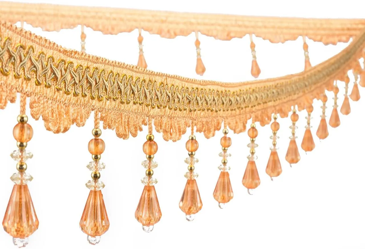 Yalulu 4 Yards Light Gold Beaded Fringe Trim, Handmade Hanging Crystal Beaded Tassel Fringe Trim for Curtain Tablecloth Home Decoration