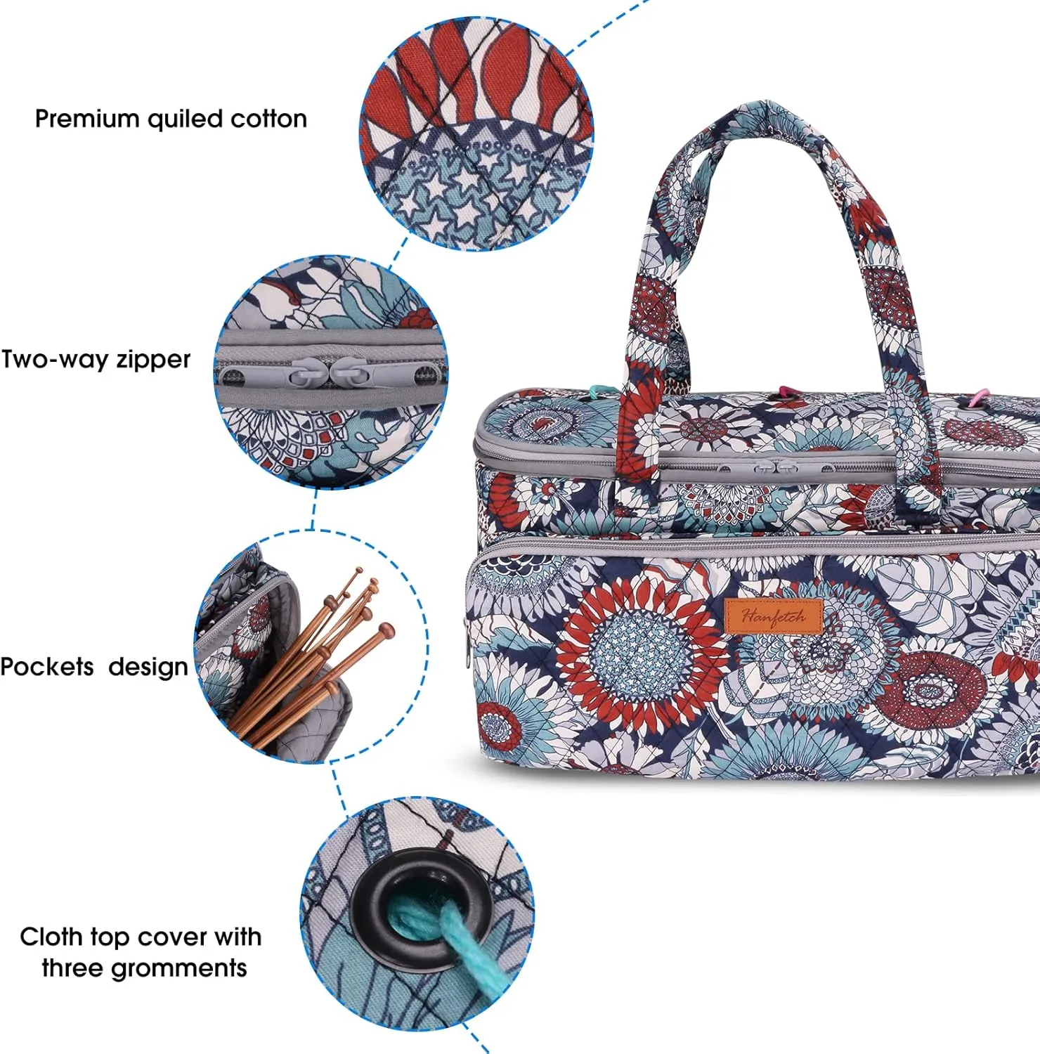 Yarn Bag-Large Size-Yarn Storage Organizer with Grommets-Portable Crochet Bag for Yarn Skeins-Crochet Hooks-Knitting Needles -Other Accessories (Sunflower)