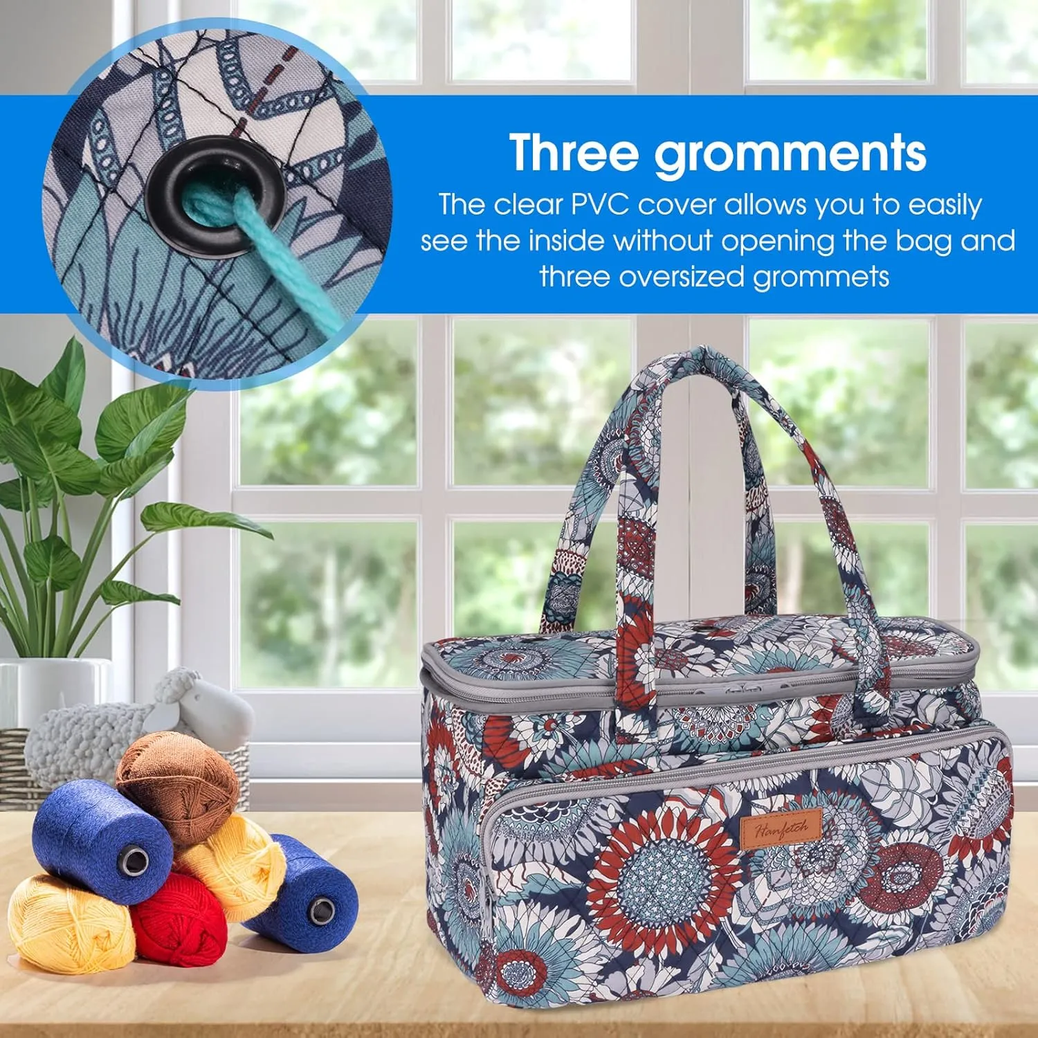 Yarn Bag-Large Size-Yarn Storage Organizer with Grommets-Portable Crochet Bag for Yarn Skeins-Crochet Hooks-Knitting Needles -Other Accessories (Sunflower)