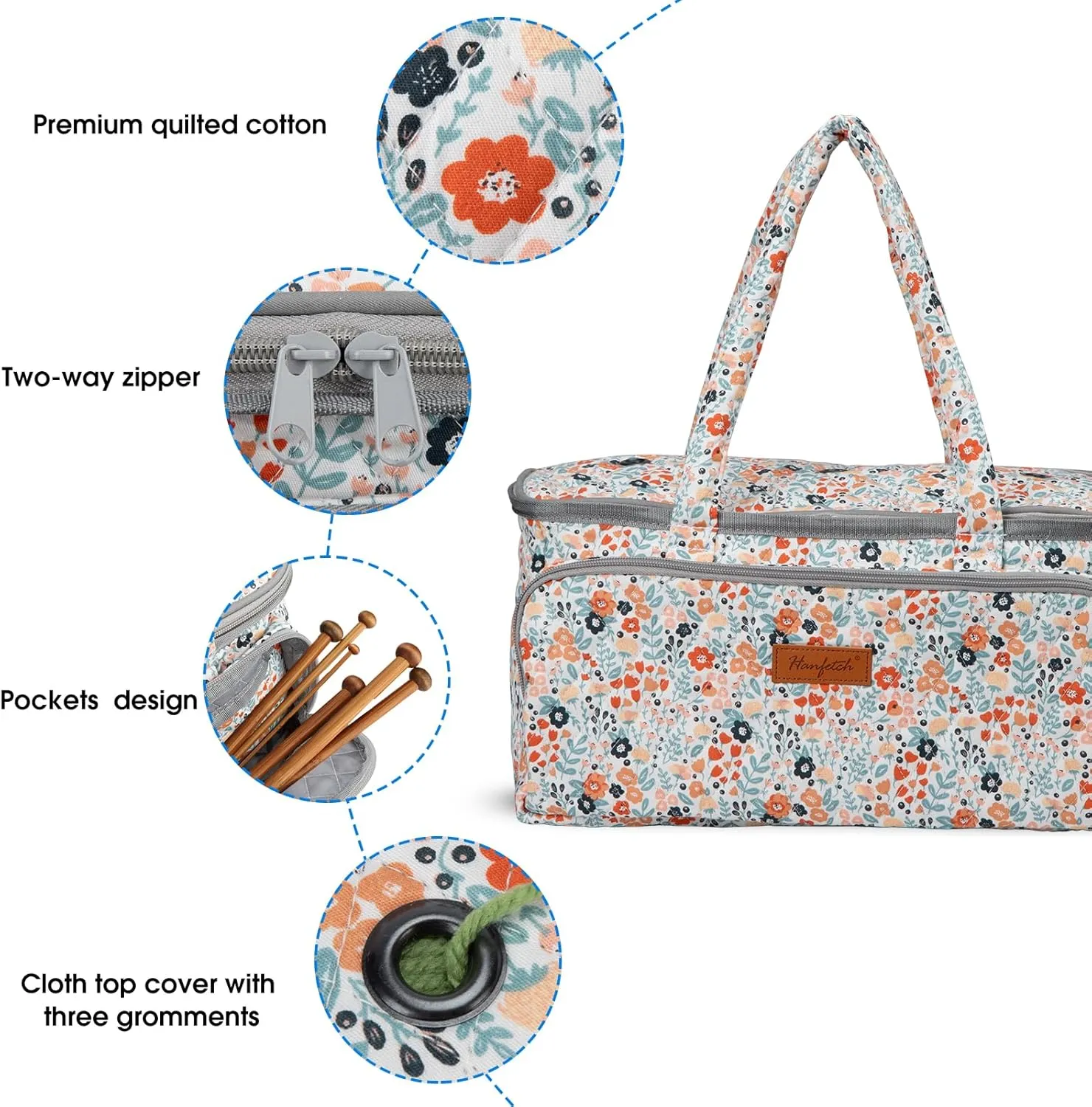 Yarn Bag-Yarn Storage Organizer with Grommets-Portable Crochet Bag for Yarn Skeins-Crochet Hooks-Knitting Needles -Other Accessories (Daisy)