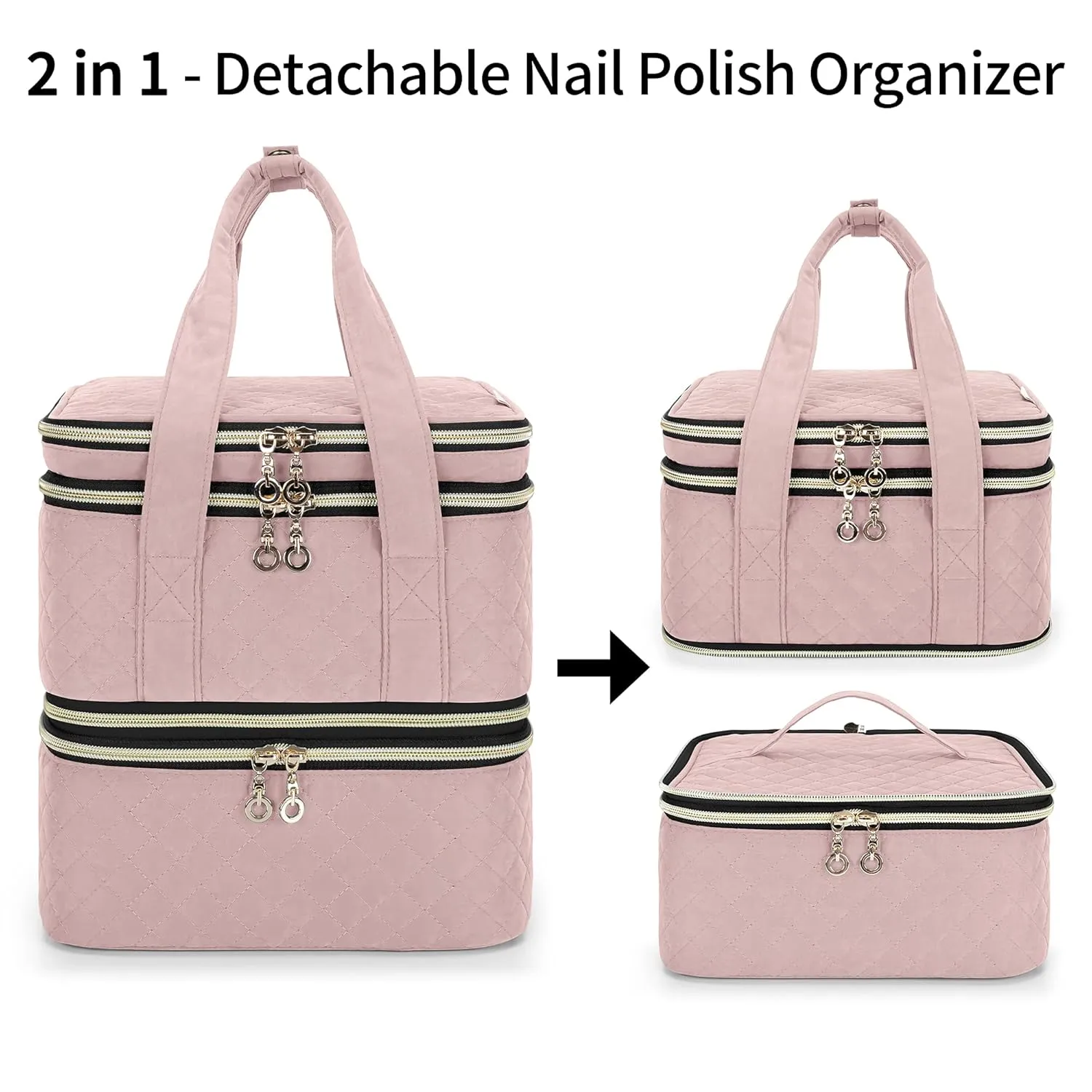 YARWO Nail Polish Organizer Case Holds 72 Bottles (15ml/0.5 fl.oz), Detachable 3 Layers Nail Polish Storage Bag with Removable dividers for Nail Lamp and Nail Art Manicure Tools, Dusty Rose (Bag Only)