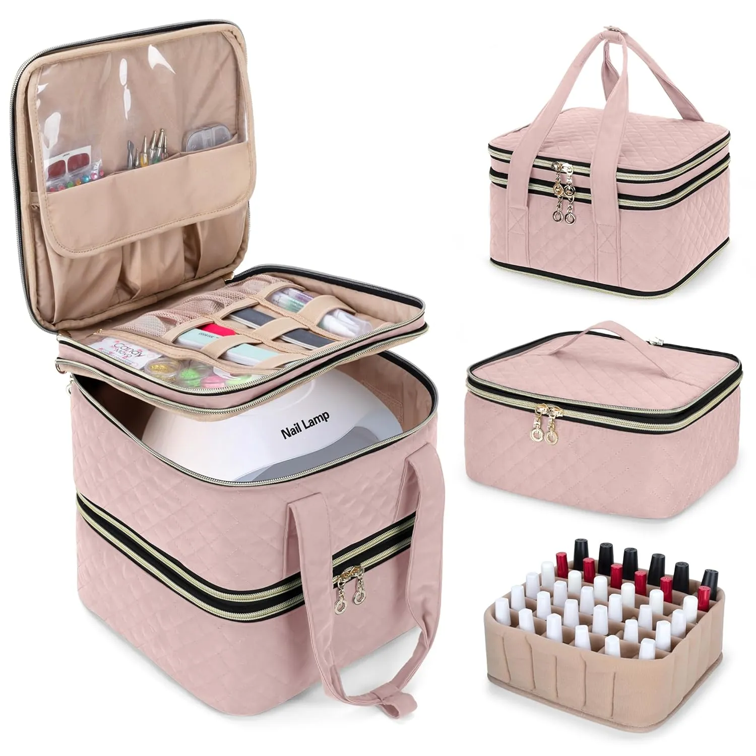YARWO Nail Polish Organizer Case Holds 72 Bottles (15ml/0.5 fl.oz), Detachable 3 Layers Nail Polish Storage Bag with Removable dividers for Nail Lamp and Nail Art Manicure Tools, Dusty Rose (Bag Only)
