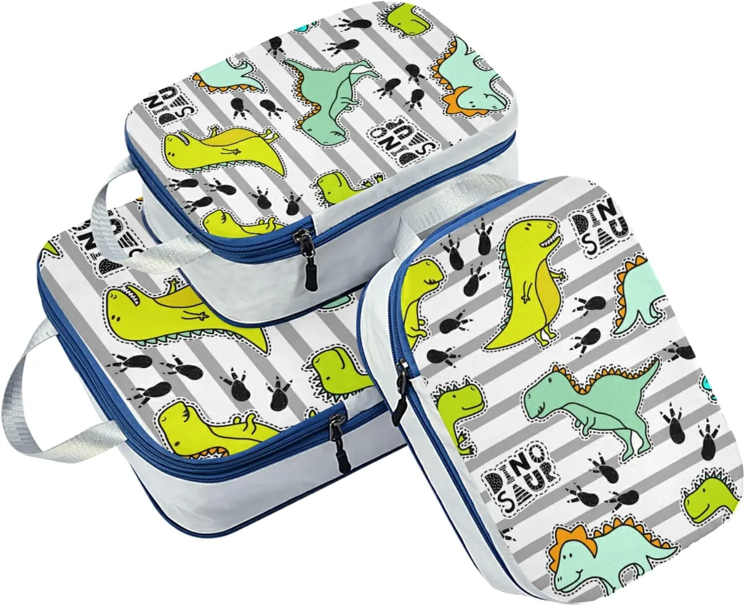 Yellow Green Turquoise Dinosaurs Black Paws on Grey Stripes 3 Set Packing Cubes, Travel Packing Organizers for Suitcases, Waterproof Check Oxford Toiletry Compression Luggage Storage Bag