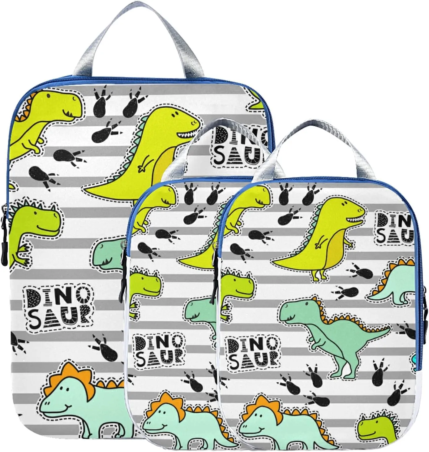 Yellow Green Turquoise Dinosaurs Black Paws on Grey Stripes 3 Set Packing Cubes, Travel Packing Organizers for Suitcases, Waterproof Check Oxford Toiletry Compression Luggage Storage Bag