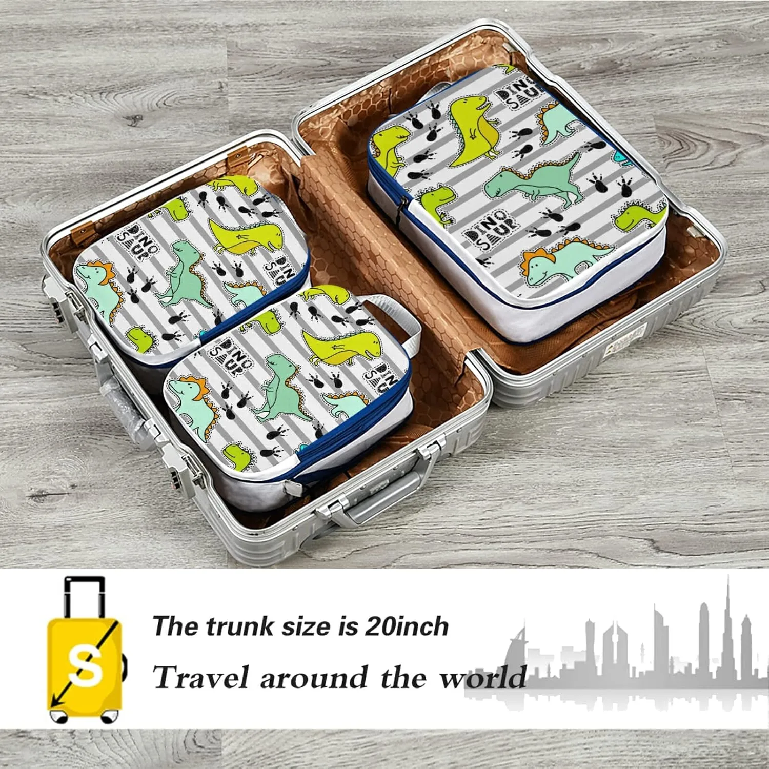Yellow Green Turquoise Dinosaurs Black Paws on Grey Stripes 3 Set Packing Cubes, Travel Packing Organizers for Suitcases, Waterproof Check Oxford Toiletry Compression Luggage Storage Bag
