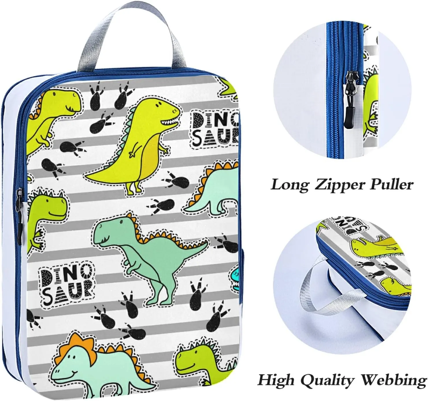 Yellow Green Turquoise Dinosaurs Black Paws on Grey Stripes 3 Set Packing Cubes, Travel Packing Organizers for Suitcases, Waterproof Check Oxford Toiletry Compression Luggage Storage Bag