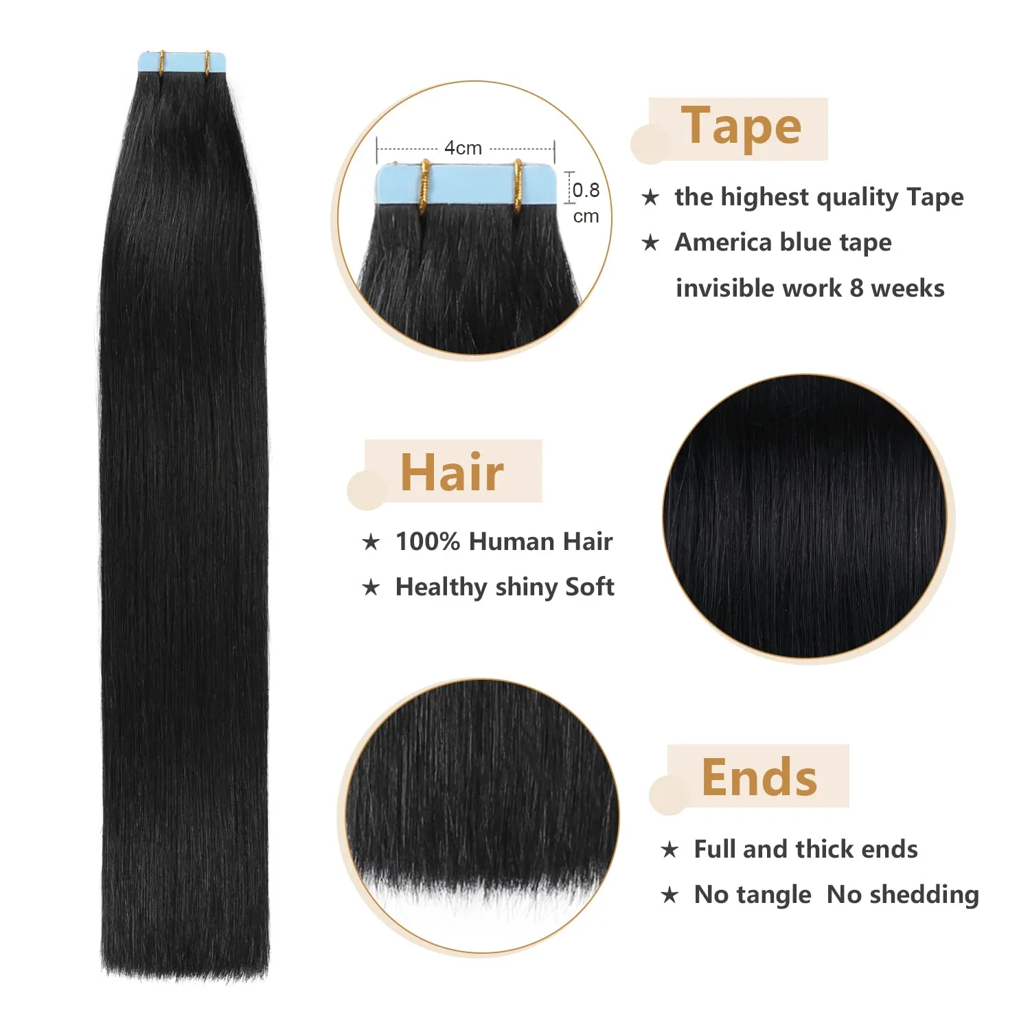 YILITE Tape in Human Hair Extensions 22 inches 20pcs 50g Silky Straight Human Hair Extensions Tape in Jet Black Color Tape in Hair Extensions
