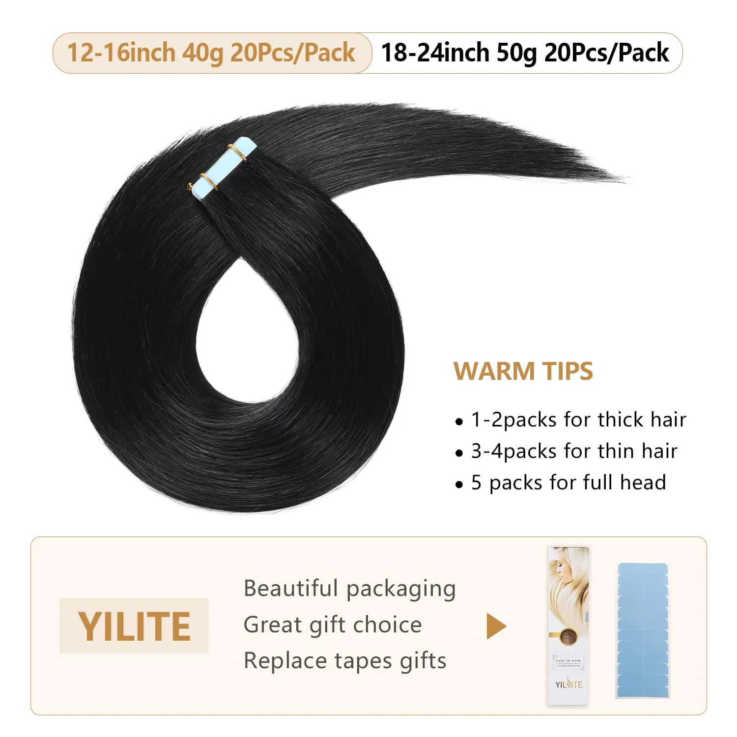 YILITE Tape in Human Hair Extensions 22 inches 20pcs 50g Silky Straight Human Hair Extensions Tape in Jet Black Color Tape in Hair Extensions