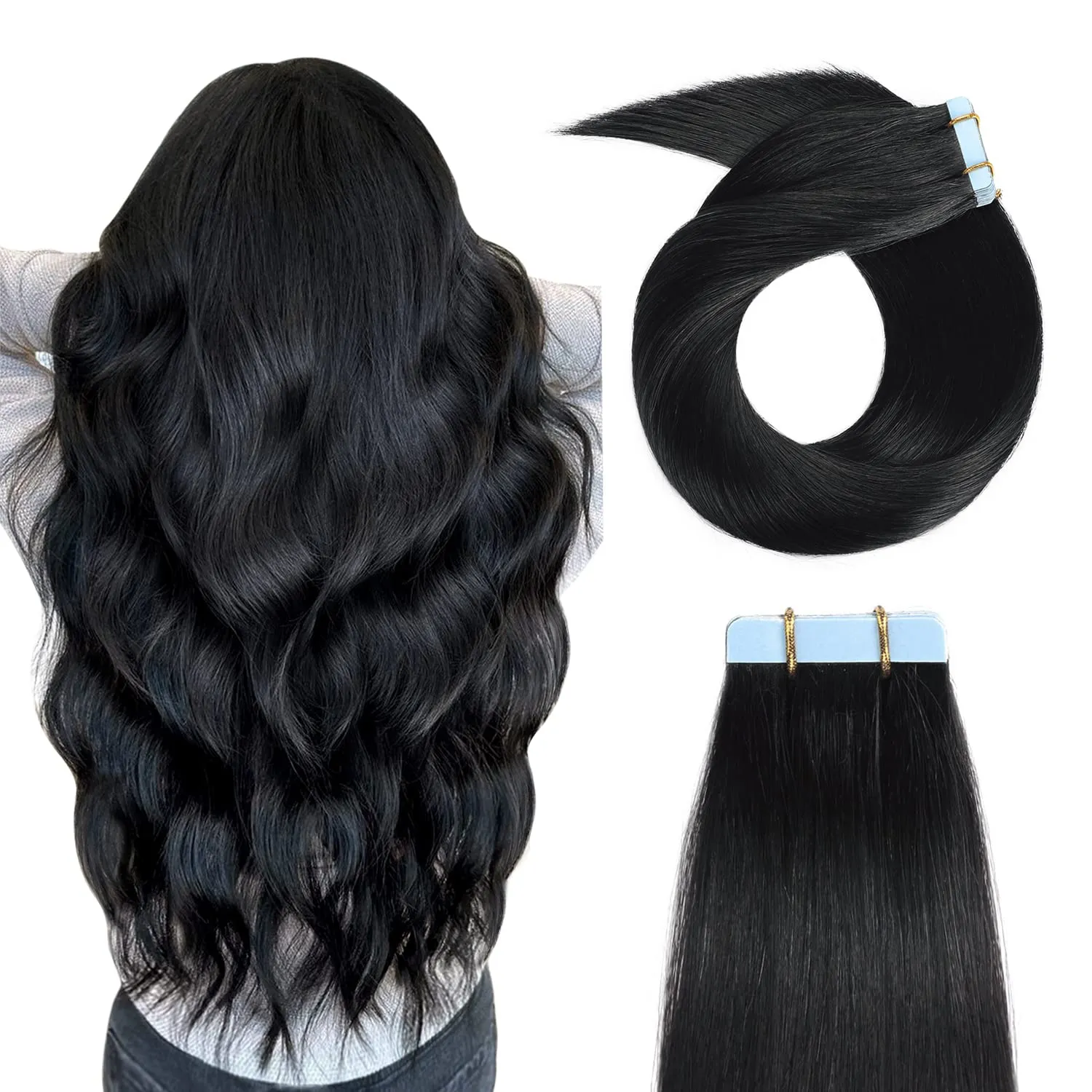 YILITE Tape in Human Hair Extensions 22 inches 20pcs 50g Silky Straight Human Hair Extensions Tape in Jet Black Color Tape in Hair Extensions