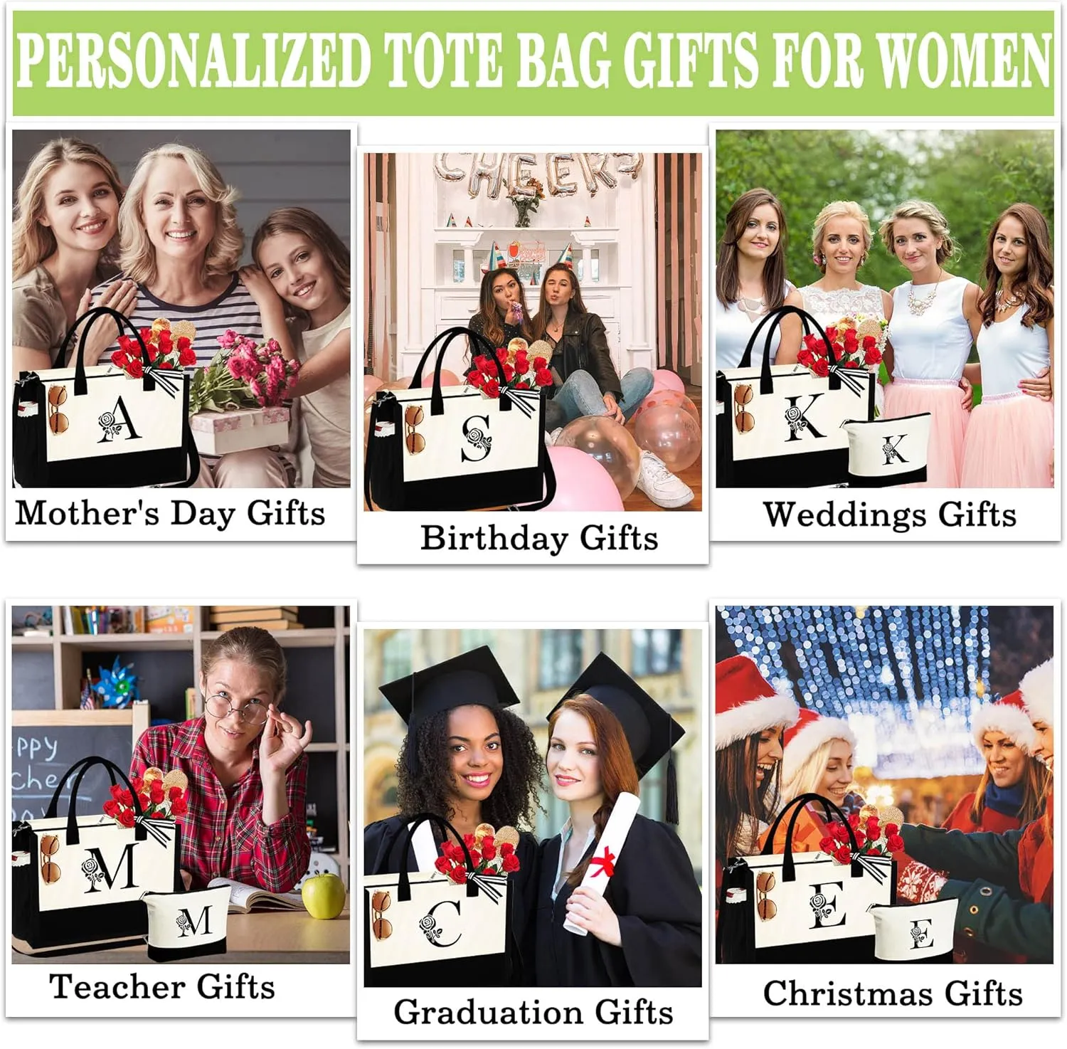 YOOLIFE Gifts for Women - Initial Canvas Tote Bag & Makeup Bag Birthday Gifts for Women Wife Mom Friend Teacher Sister