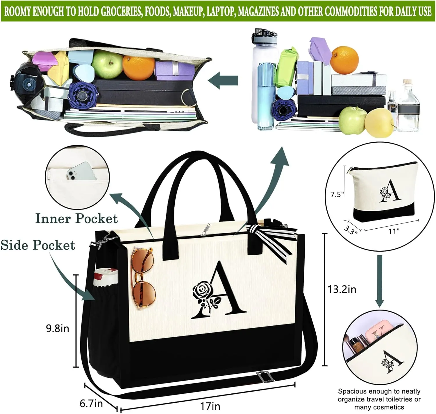YOOLIFE Gifts for Women - Initial Canvas Tote Bag & Makeup Bag Birthday Gifts for Women Wife Mom Friend Teacher Sister