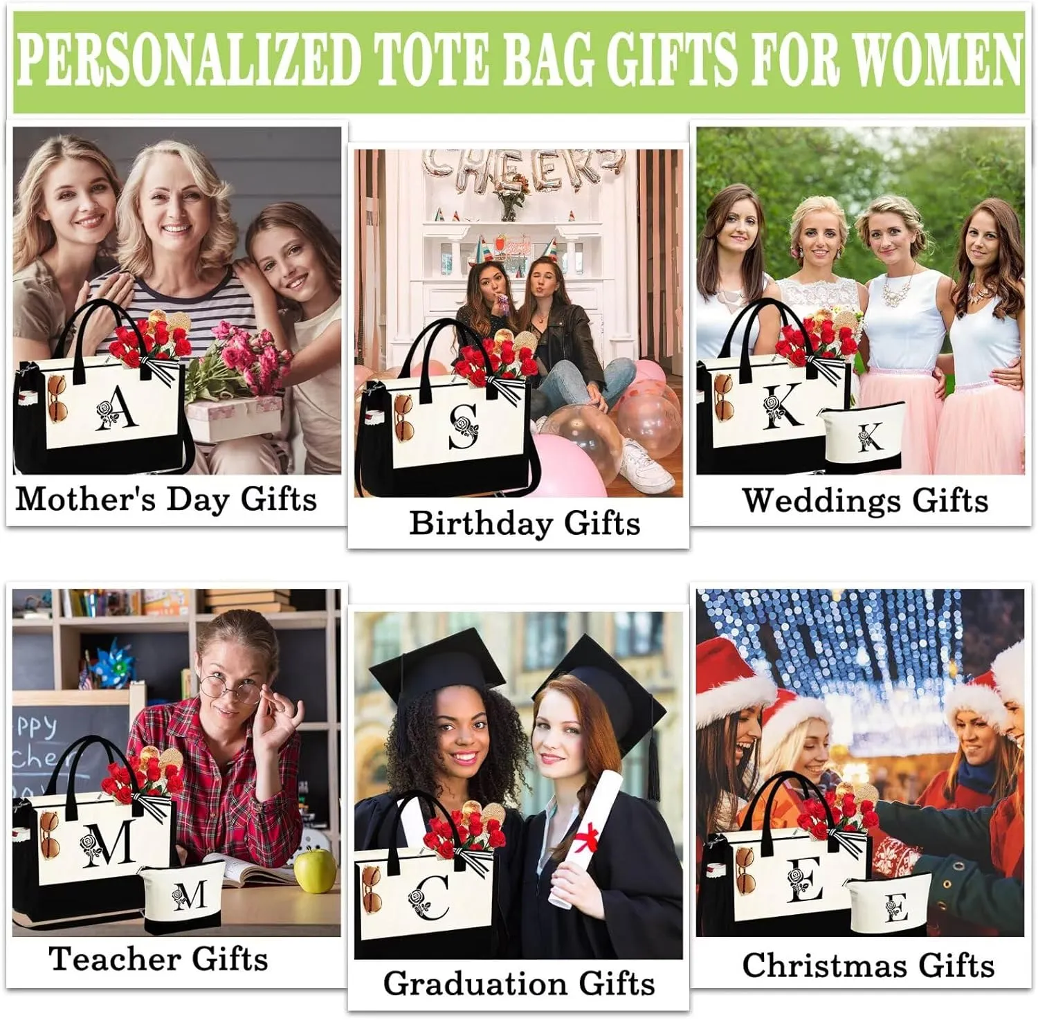 YOOLIFE Gifts for Women - Initial Canvas Tote Bag & Makeup Bag Birthday Gifts for Women Wife Mom Friend Teacher Sister