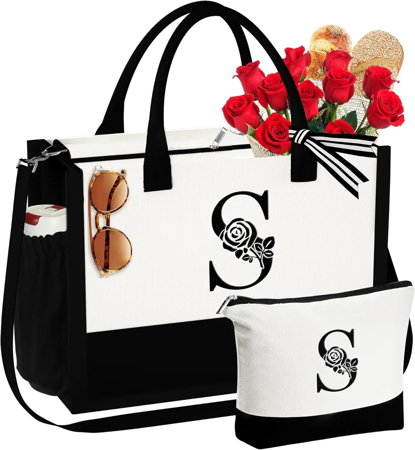 YOOLIFE Gifts for Women - Initial Canvas Tote Bag & Makeup Bag Birthday Gifts for Women Wife Mom Friend Teacher Sister