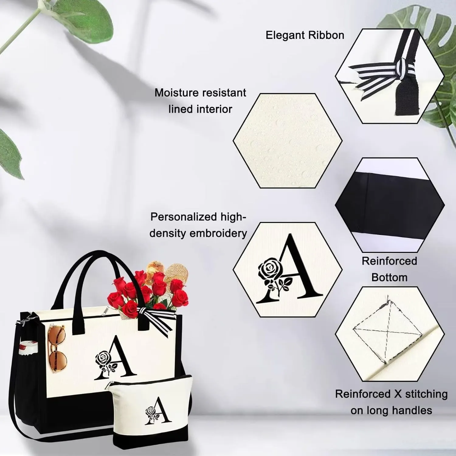 YOOLIFE Gifts for Women - Initial Canvas Tote Bag & Makeup Bag Birthday Gifts for Women Wife Mom Friend Teacher Sister