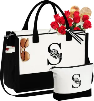 YOOLIFE Gifts for Women - Initial Canvas Tote Bag & Makeup Bag Birthday Gifts for Women Wife Mom Friend Teacher Sister