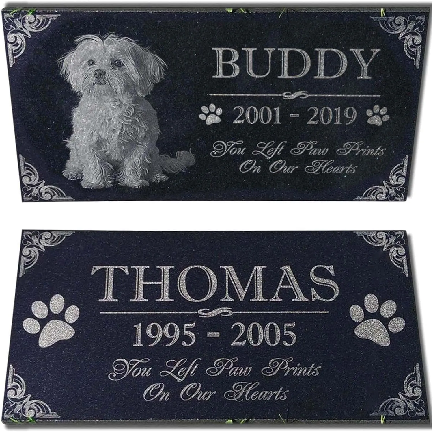 You Left Paw Prints on Our Hearts Pet Memorial Stones Personalized Headstone Grave Marker Absolute Black Granite Garden Plaque Engraved with Dog Cat Name Dates