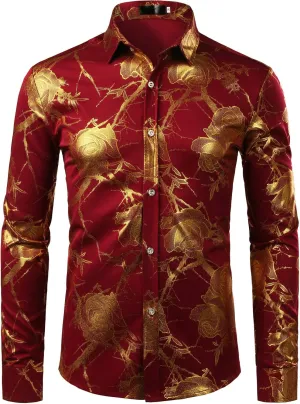 ZEROYAA Mens Hipster 3D Golden Rose Floral Printed Slim Fit Long Sleeve Button Down Dress Shirts