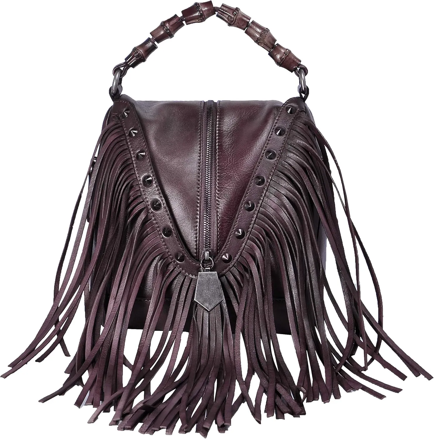 ZLYC Women's Leather Bamboo Hand Strap Featured Fringe Bohemian Tassel Studed Cross Body Bag