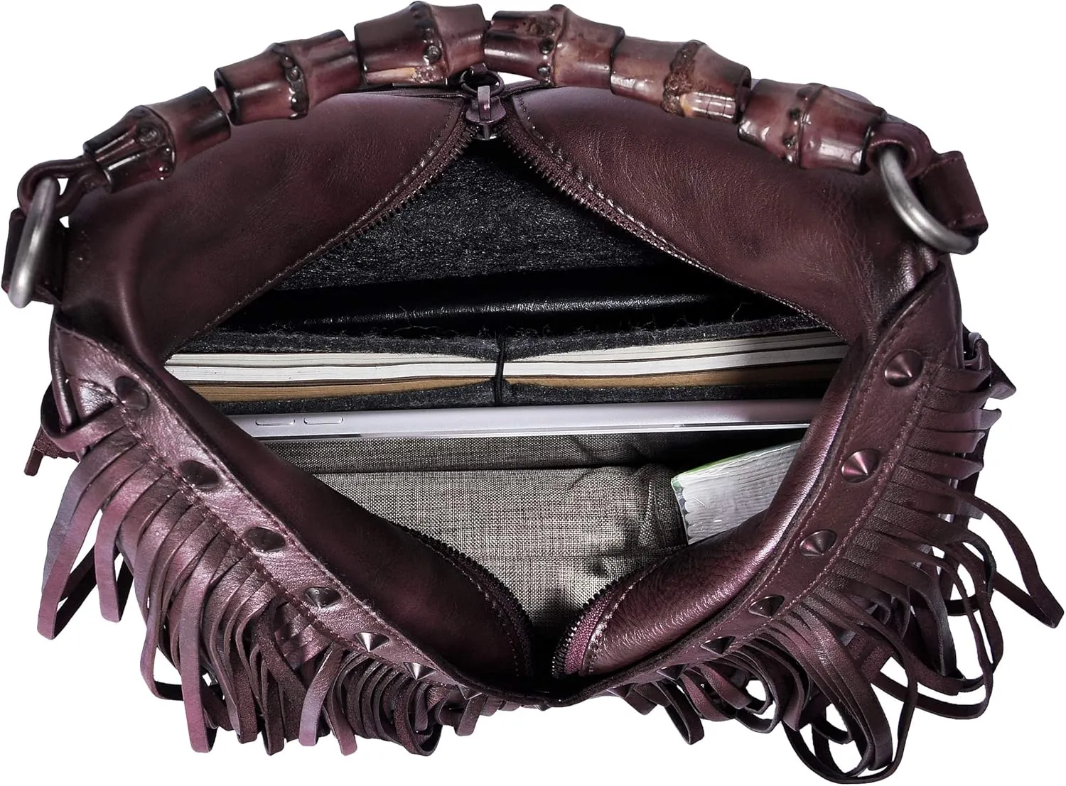ZLYC Women's Leather Bamboo Hand Strap Featured Fringe Bohemian Tassel Studed Cross Body Bag