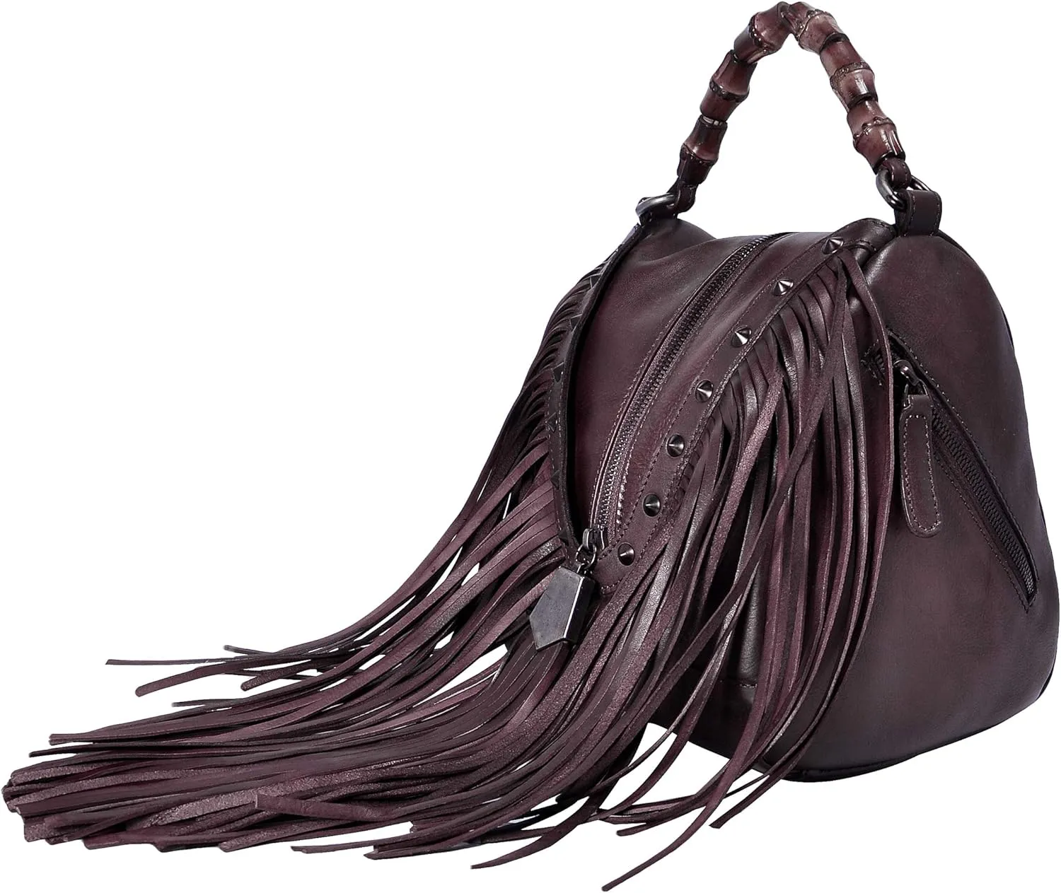 ZLYC Women's Leather Bamboo Hand Strap Featured Fringe Bohemian Tassel Studed Cross Body Bag