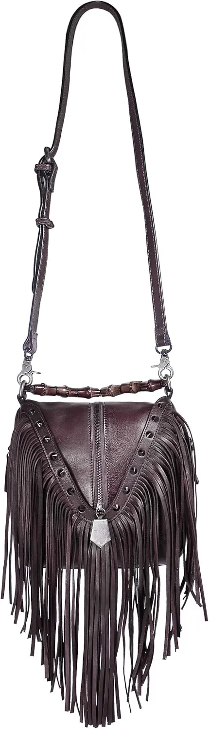 ZLYC Women's Leather Bamboo Hand Strap Featured Fringe Bohemian Tassel Studed Cross Body Bag