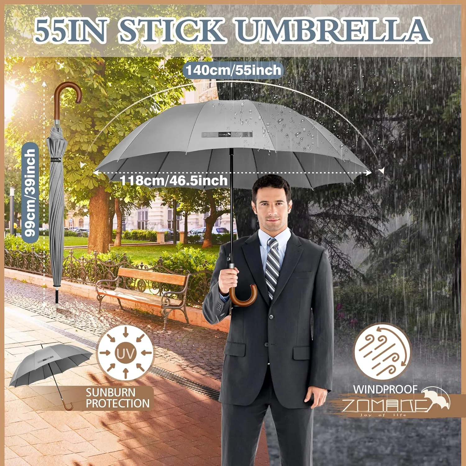ZOMAKE Large Stick Umbrella With Wood Hook Handle 55 Inch, Automatic Open Classic Golf Umbrellas Windproof 12 Ribs With J Hook for Men Women
