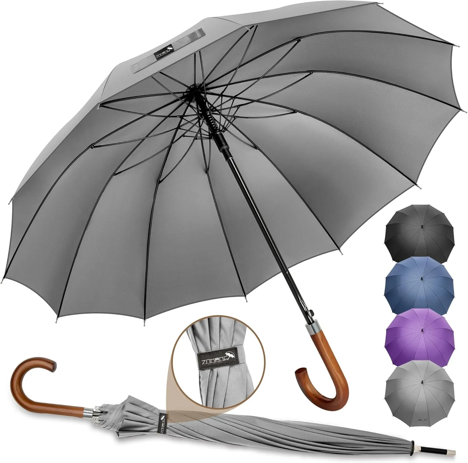 ZOMAKE Large Stick Umbrella With Wood Hook Handle 55 Inch, Automatic Open Classic Golf Umbrellas Windproof 12 Ribs With J Hook for Men Women