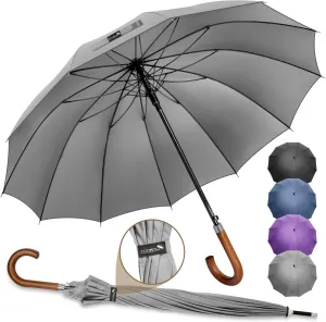 ZOMAKE Large Stick Umbrella With Wood Hook Handle 55 Inch, Automatic Open Classic Golf Umbrellas Windproof 12 Ribs With J Hook for Men Women