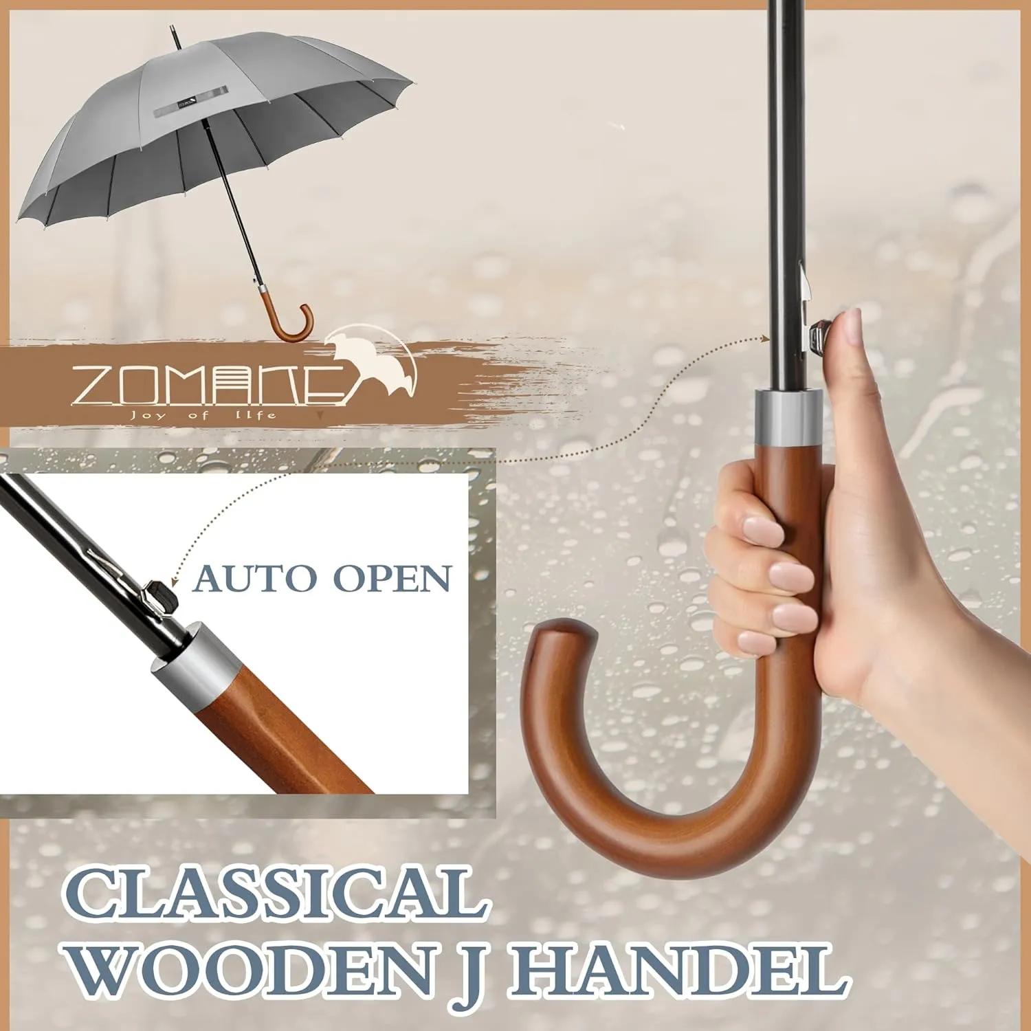 ZOMAKE Large Stick Umbrella With Wood Hook Handle 55 Inch, Automatic Open Classic Golf Umbrellas Windproof 12 Ribs With J Hook for Men Women