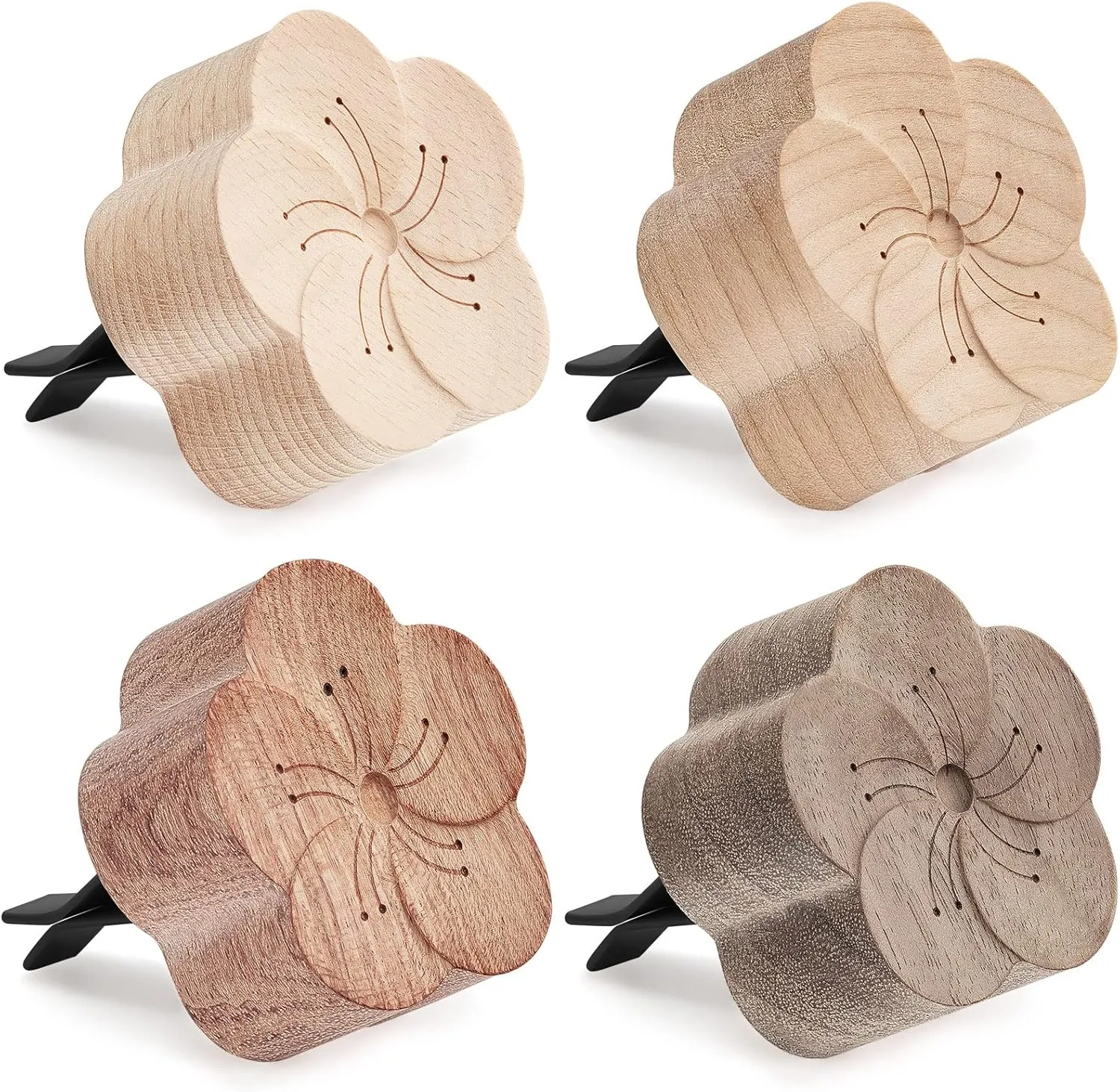 Zubebe Aroma Wood Essential Oil Diffuser 4 Packs Minimalistic Decor Car Air Freshener Flower Diffuser with Aromatherapy Clip for Car Office Bedroom