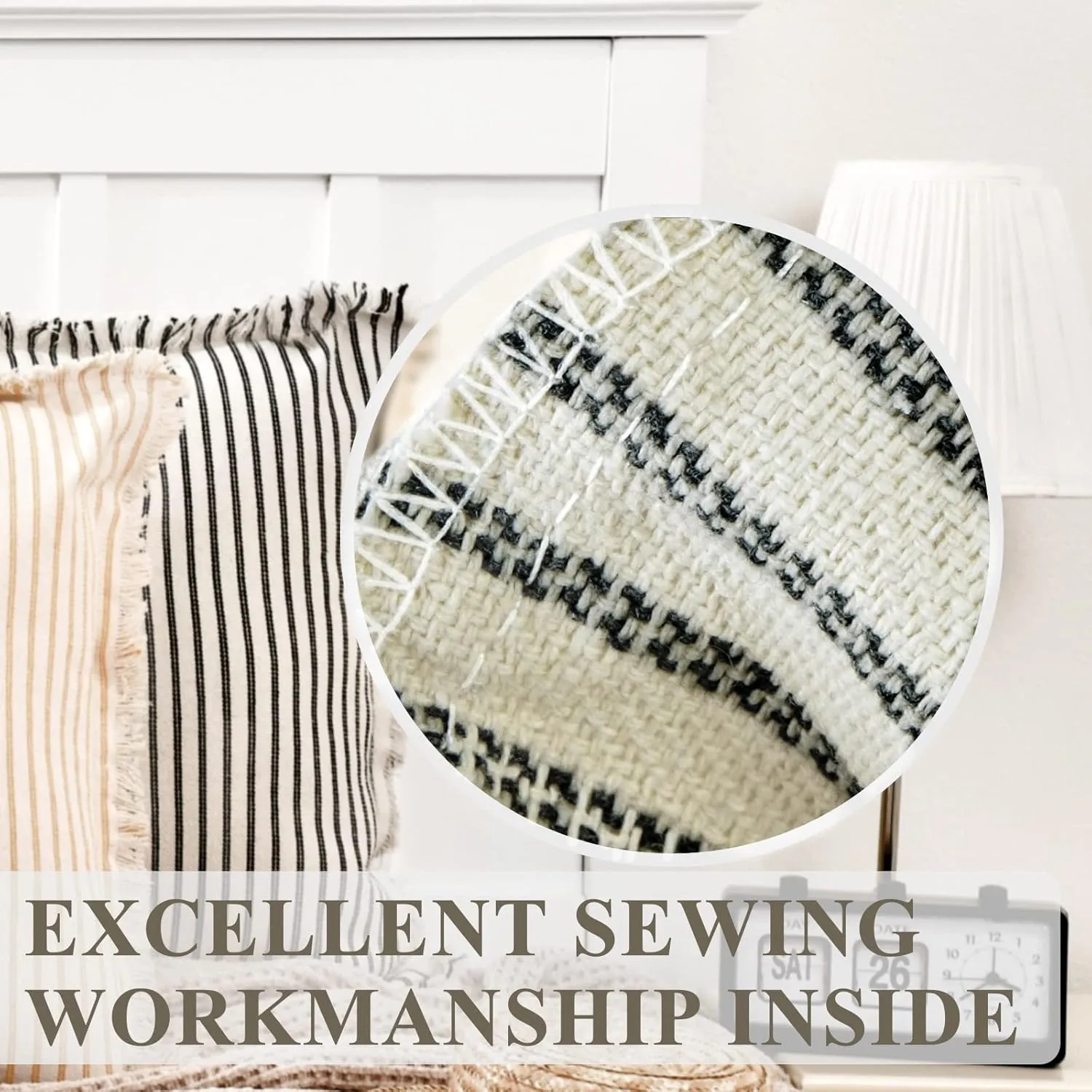 ZWJD Throw Pillow Covers 18x18 Set of 2 Striped Pillow Covers with Fringe Chic Cotton Decorative Pillows Square Cushion Covers for Sofa Couch Bed Living Room Farmhouse Decor