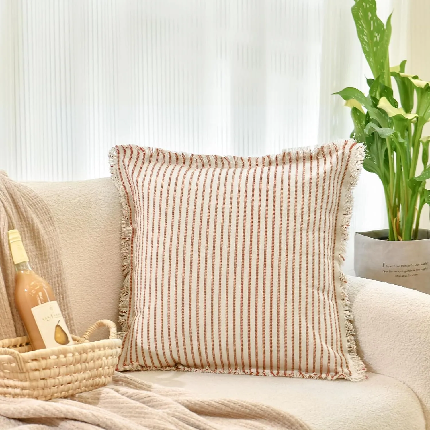 ZWJD Throw Pillow Covers 18x18Set of 2 Striped Pillow Covers with Fringe Chic Cotton Decorative Pillows Square Cushion Covers for Sofa Couch Bed Living Room Farmhouse Decor